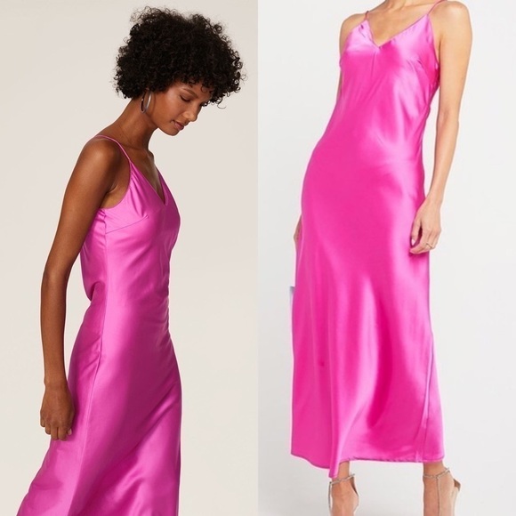 O.P.T. 90s Y2K Barbie Hot Pink Satin V-Neck Sleeveless Midi Slip Dress Size M - Picture 3 of 13